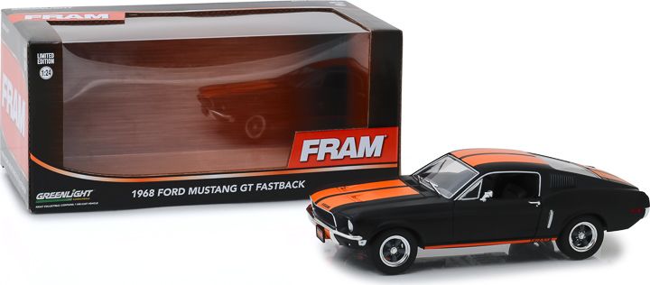 1:24 1968 Ford Mustang GT Fastback – FRAM Oil Filters – Black with Orange Stripes