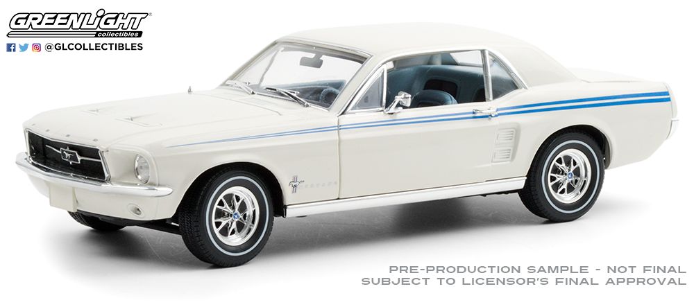 1:18 1967 Ford Mustang Coupe – Indy Pacesetter Special – Wimbledon White with Scotchlite Stripes