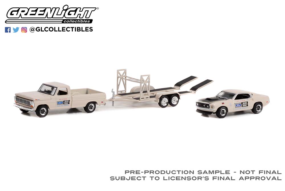 PRE-ORDER 1:64 Racing Hitch & Tow Series 4 – 1969 Ford F-100 and 1969 Ford Mustang Boss 429 – Nelson Ekdahl Ford #133 on Tandem Car Trailer